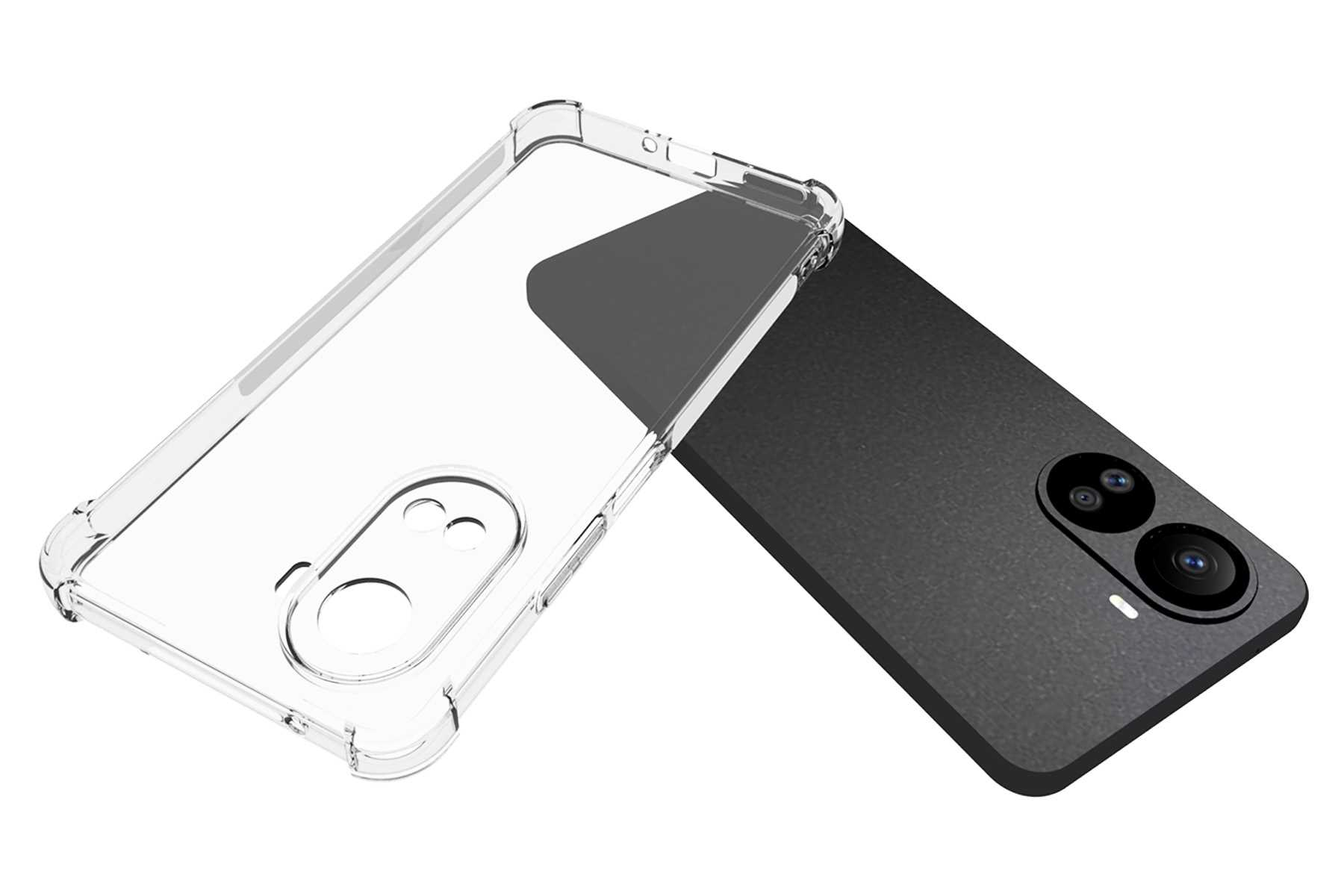 Transparente Handyhülle und ein schwarzes Telefon. Hülle zeigt Kamera und Blitz des Telefons.