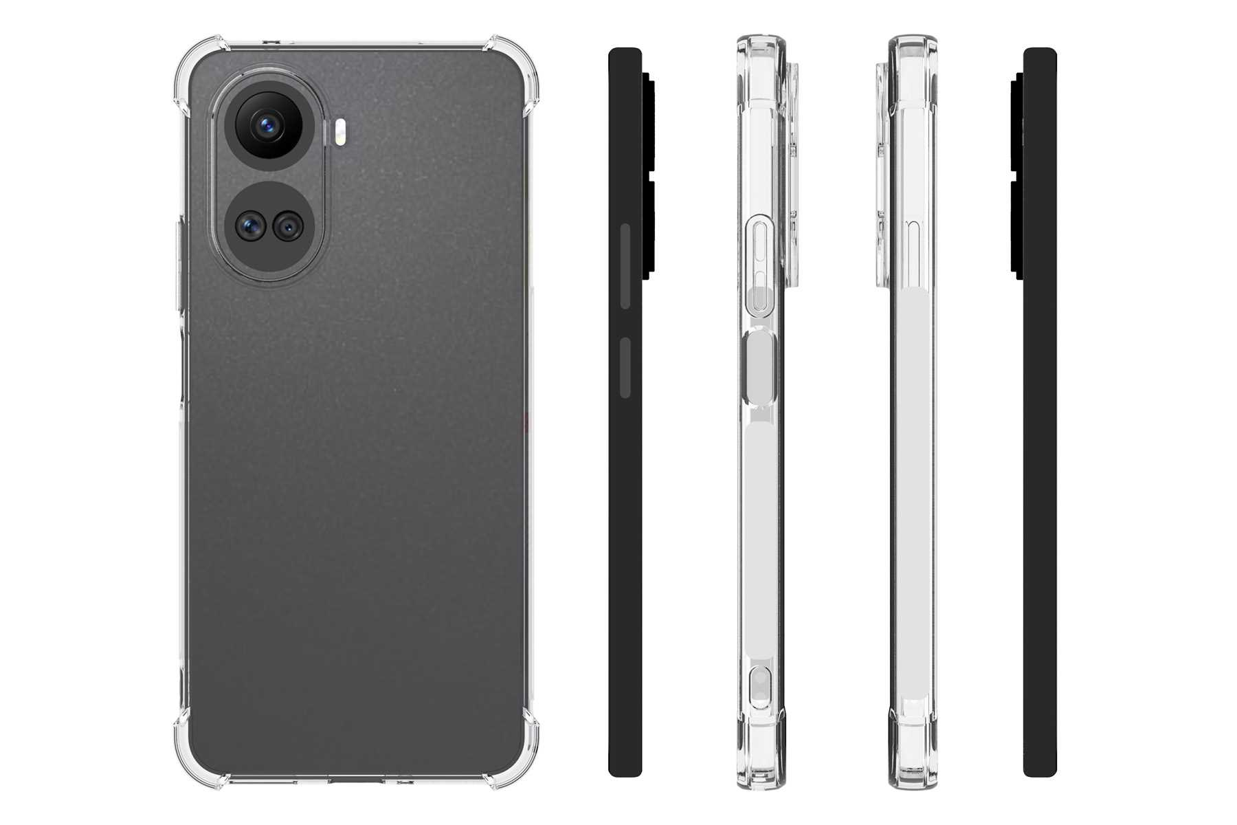 Ein Smartphone mit drei Ansichten. Die Rückseite ist grau. Es gibt zwei Kameras. Gehäuse und Seiten sind klar.