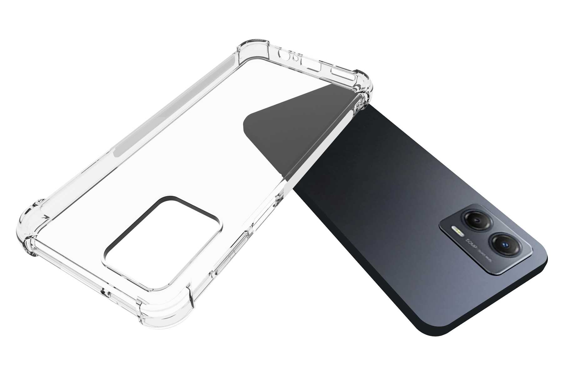 Transparente Handyhülle und ein Telefon. Das Telefon ist schwarz.
