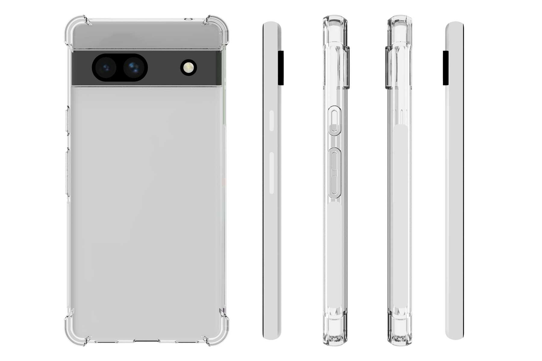 Transparente Handyhülle mit Pixel-Telefon, Seiten- und Rückansicht.