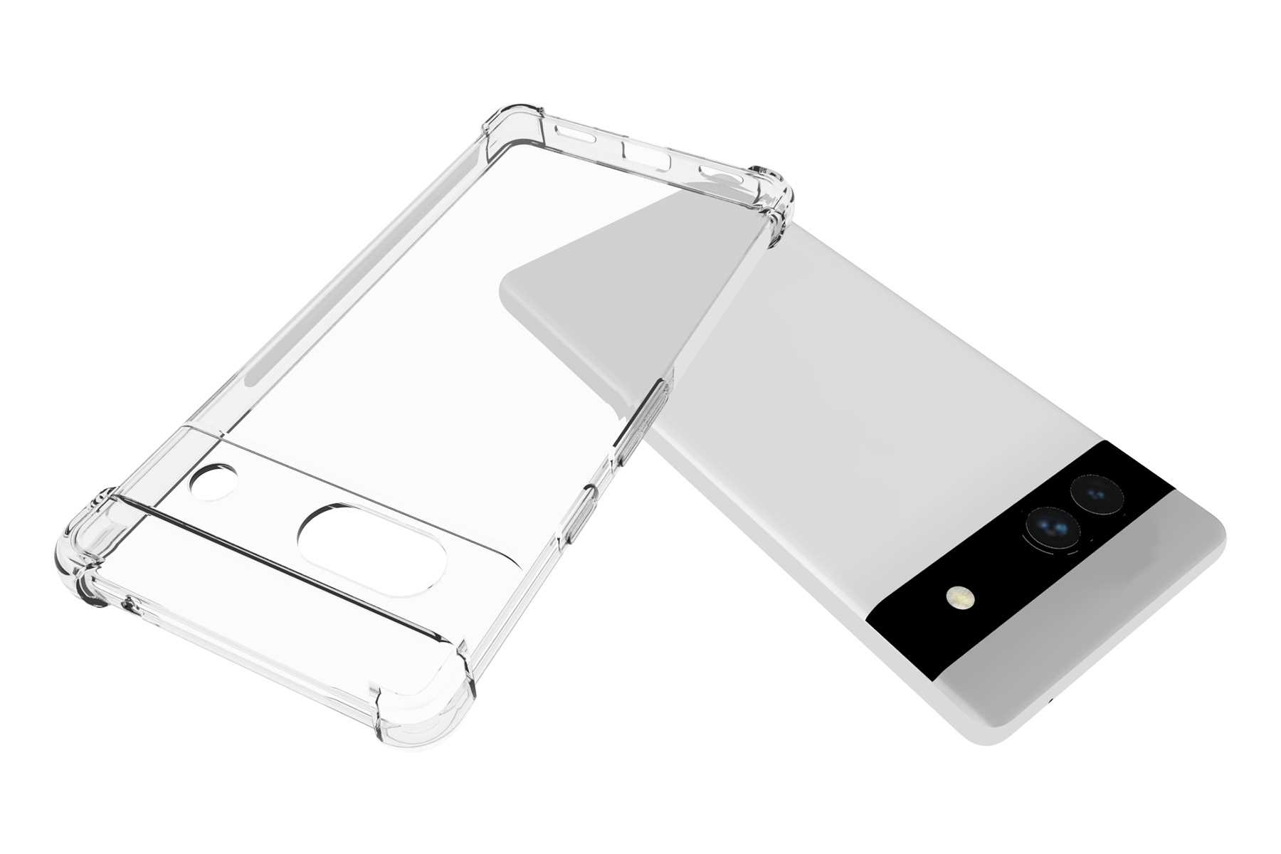 Eine durchsichtige Handyhülle neben einem grauen Telefon mit schwarzem Kameramodul.