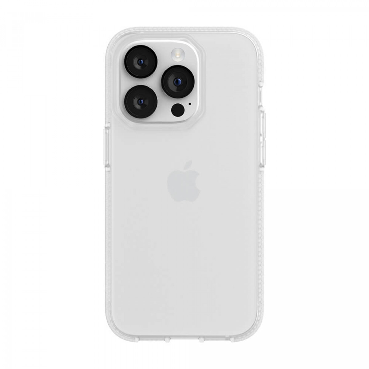 Die Rückseite eines iPhone 14 Pro in einer transparenten Hülle, mit drei Kameras und dem Apple-Logo.
