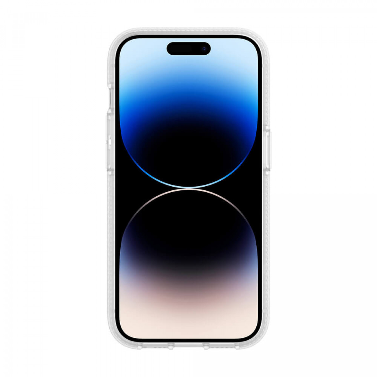 Handyhülle mit dem Telefon darin. Die Hülle ist transparent mit einem weißen Rahmen.