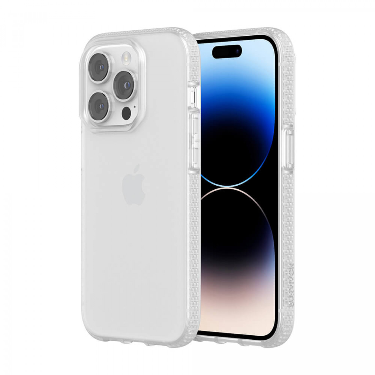 Transparente Handyhülle. Die Hülle befindet sich auf einem Telefon und zeigt die Rückseite mit dem Apple-Logo.