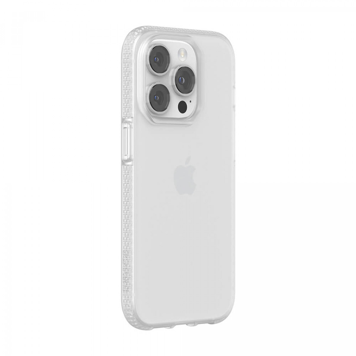 Eine transparente Handyhülle mit weißem Hintergrund. Die Handyhülle hat eine transparente Rückseite und einen strukturierten Rand.