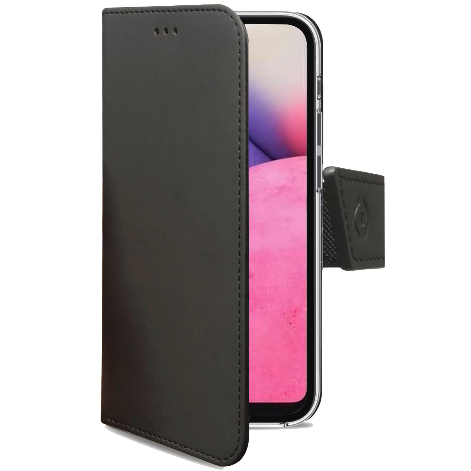Custodia per telefono nera in stile folio, parzialmente aperta, che rivela un telefono con schermo rosa. È simile alla pelle.