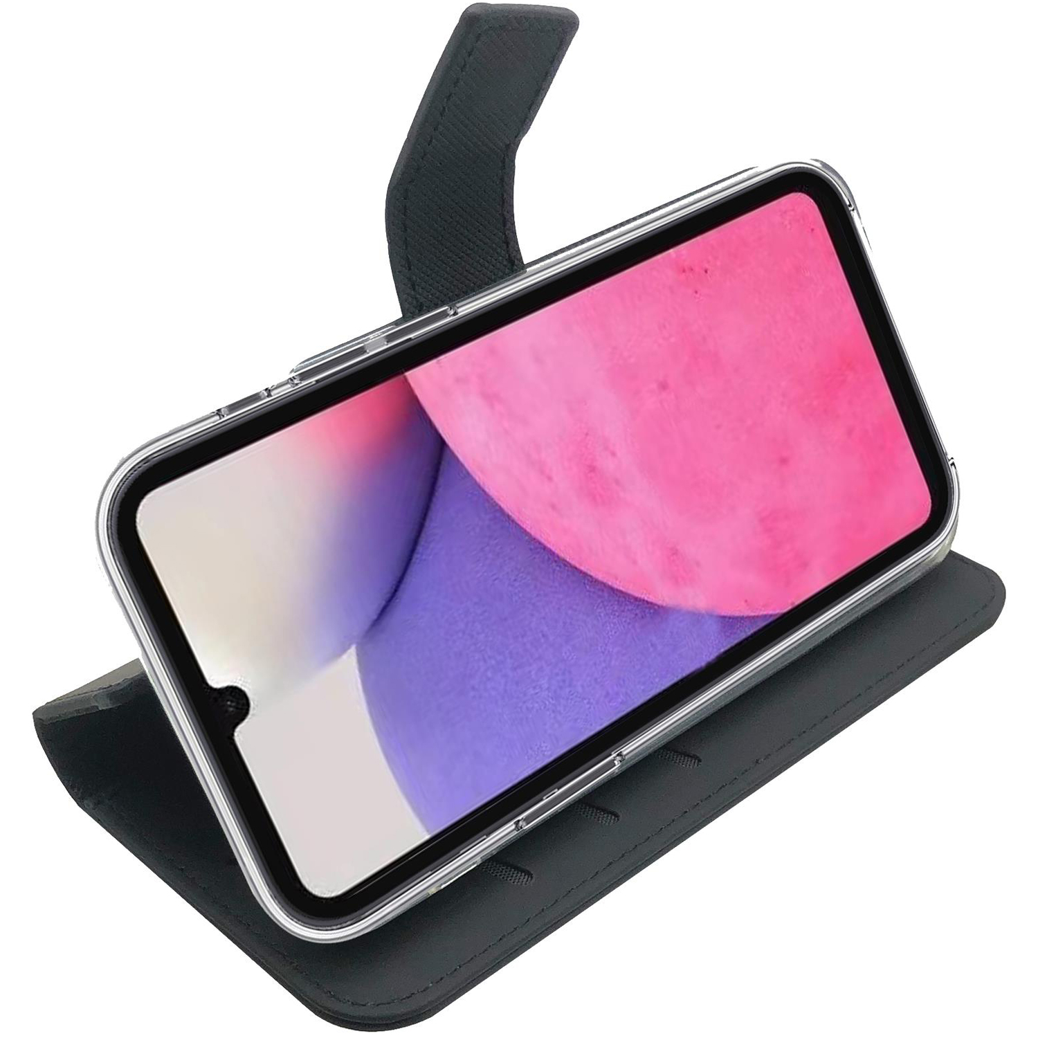 Un telefono in una custodia nera, appoggiato su una cover nera. Lo schermo mostra un'immagine colorata.