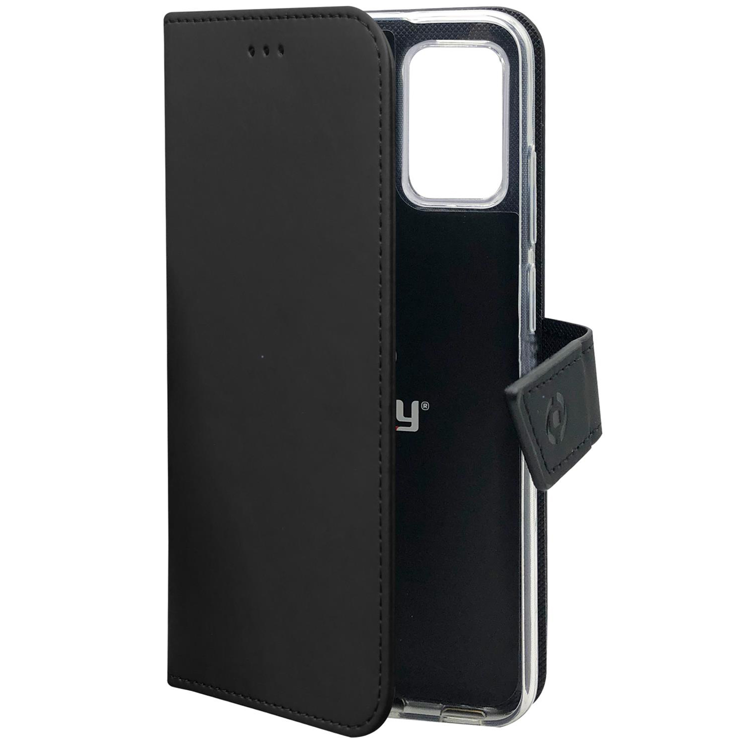 Custodia per telefono nera aperta, che mostra un telefono nero con interno nero e chiusura magnetica.