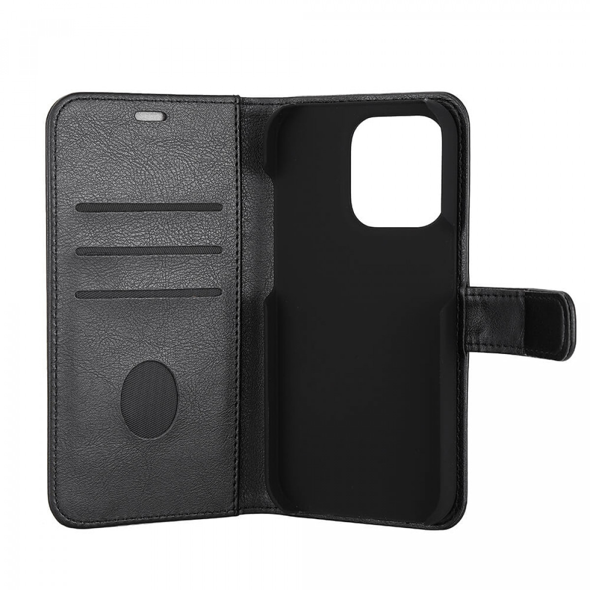 Schwarze, lederartige Brieftaschenhülle, geöffnet, mit Kartenfächern und Telefonhalter.