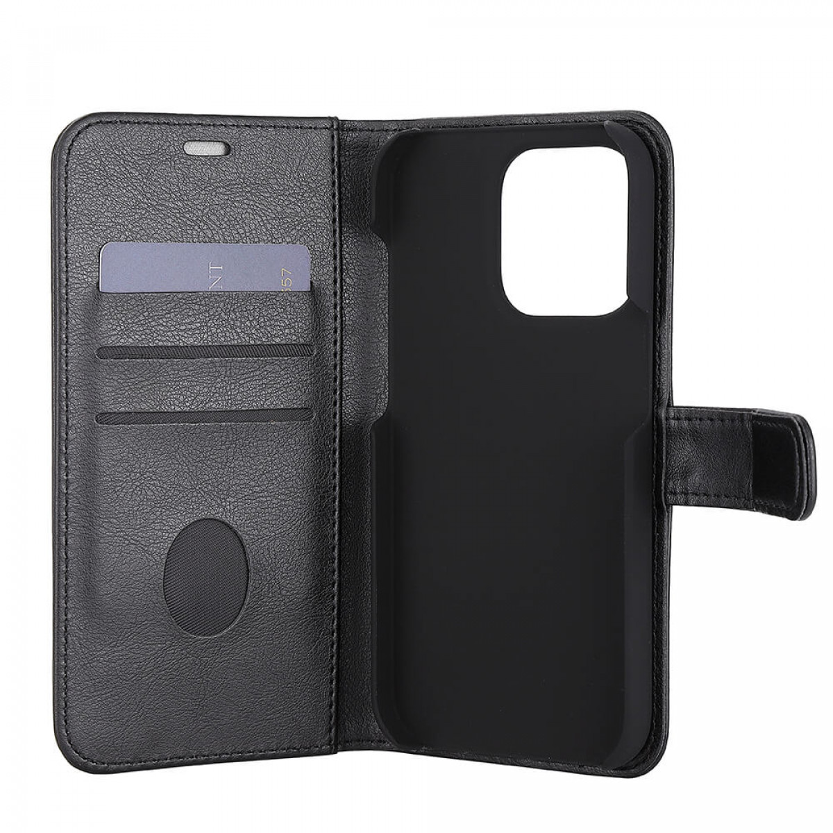 Schwarze Leder-Handyhülle, offen, mit Kartenfächern und Telefonhalter. Eine Karte ist sichtbar.