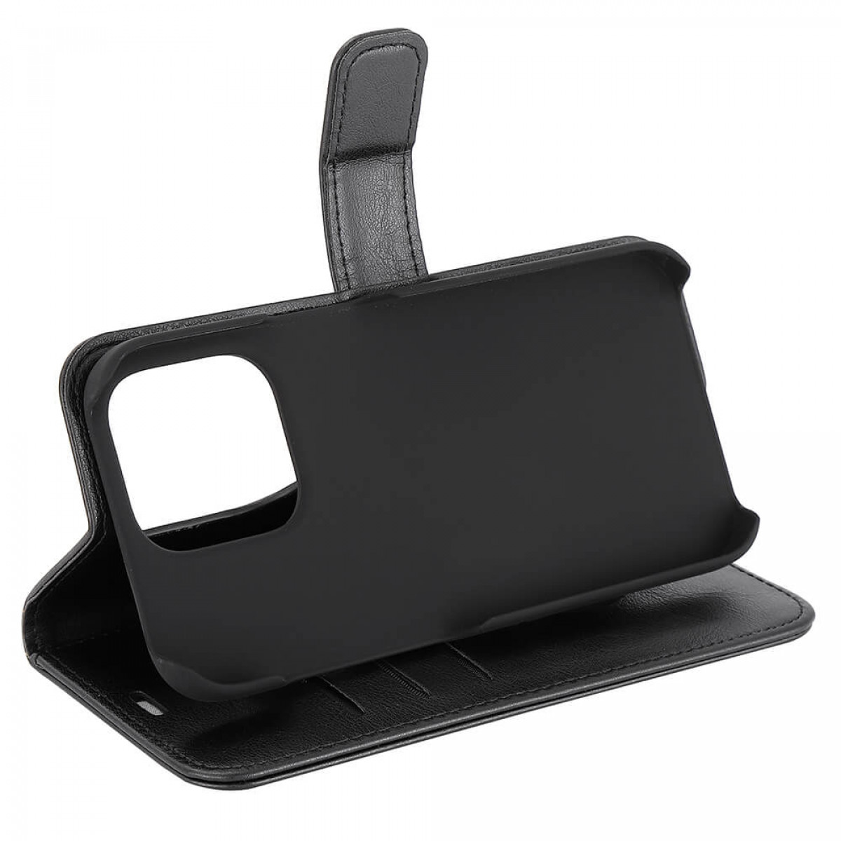 Schwarze Handyhülle, geöffnet. Im Inneren ein Telefon und das schwarze Innenfutter der Hülle.