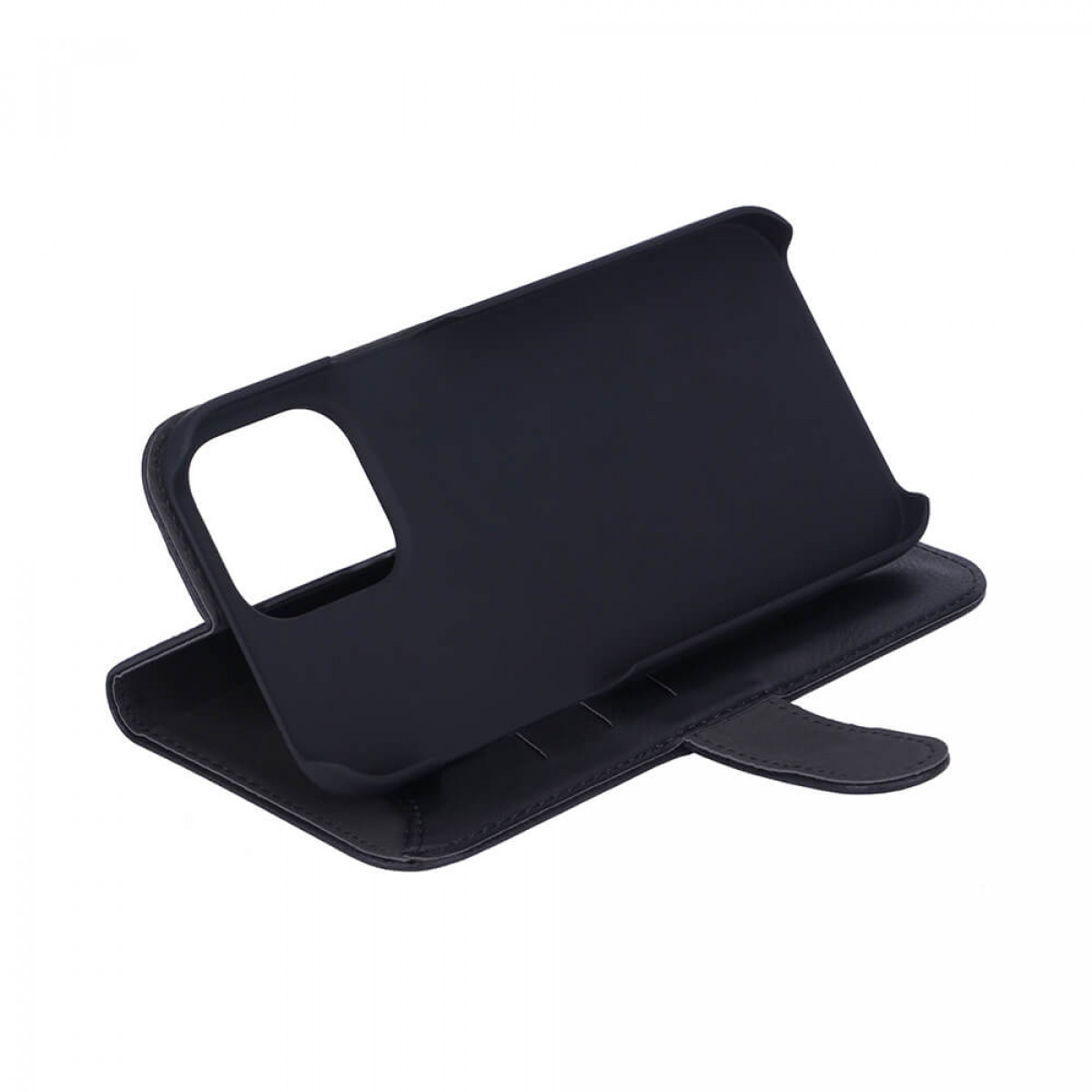 Eine schwarze Handyhülle ist geöffnet und gibt den Innenraum frei. Es handelt sich um eine Hülle im Brieftaschenstil.