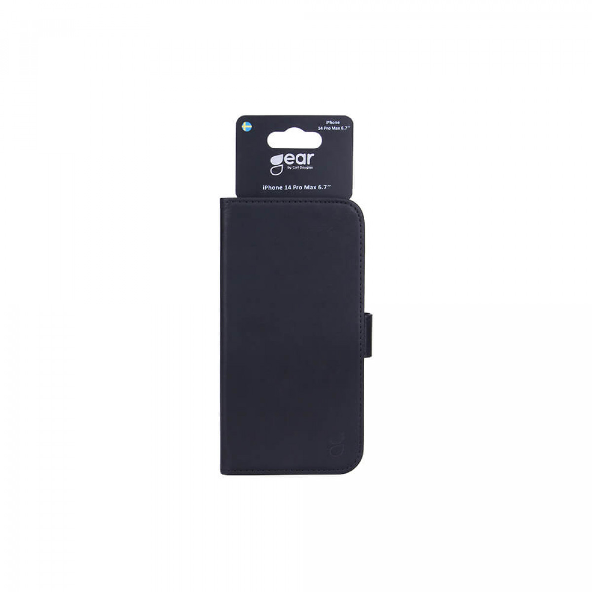 Schwarze Handyhülle geschlossen, mit Etikett. Für iPhone 14 Pro Max 6.7".