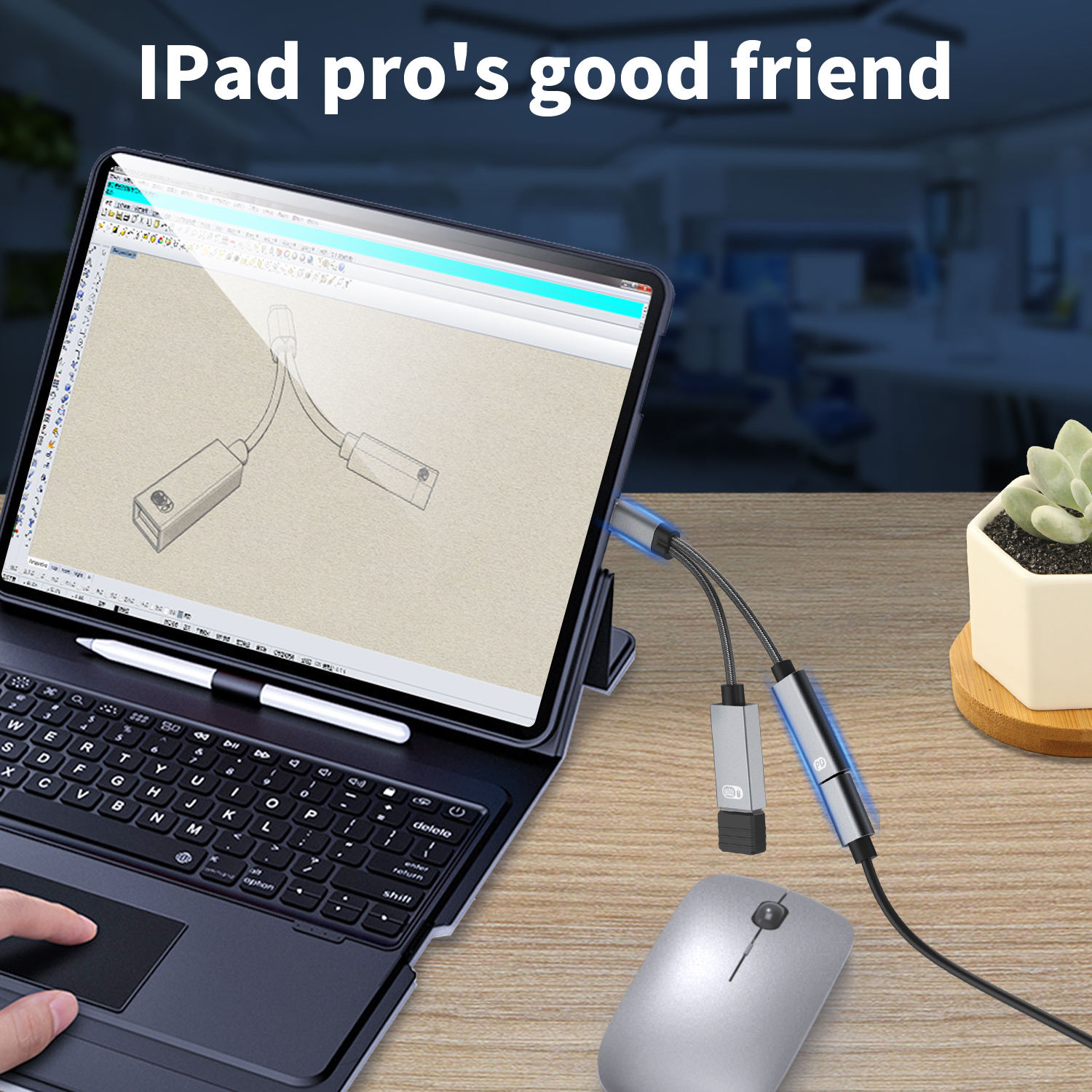 iPad Pro z klawiaturą, rysikiem i adapterem. Mysz obok klawiatury na drewnianym stole.