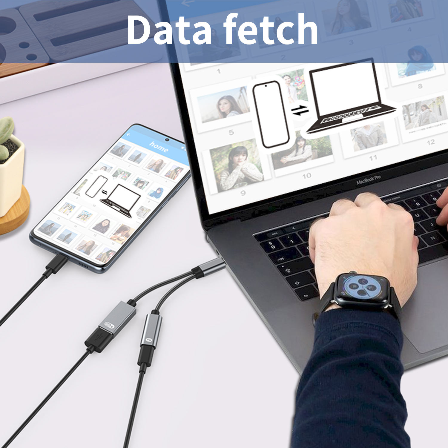 Telefon podłączony do laptopa za pomocą kabla. Koncepcja przesyłania danych. Białe tło.