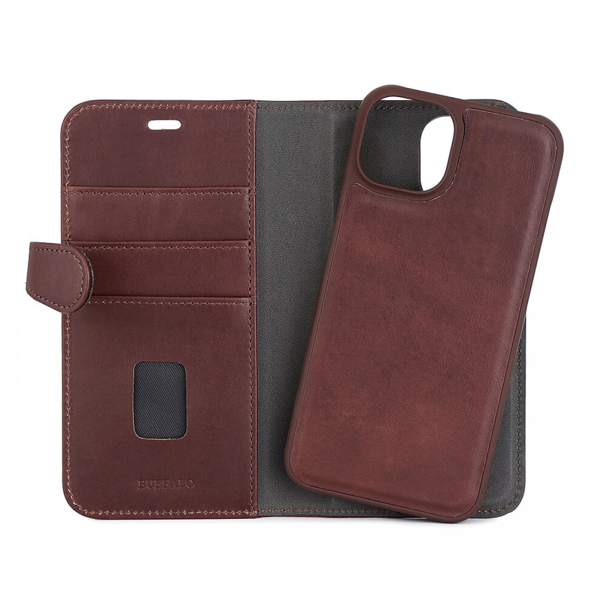 Braune Leder-Handyhülle im Brieftaschen-Design, geöffnet mit Kartenfächern und Handy.