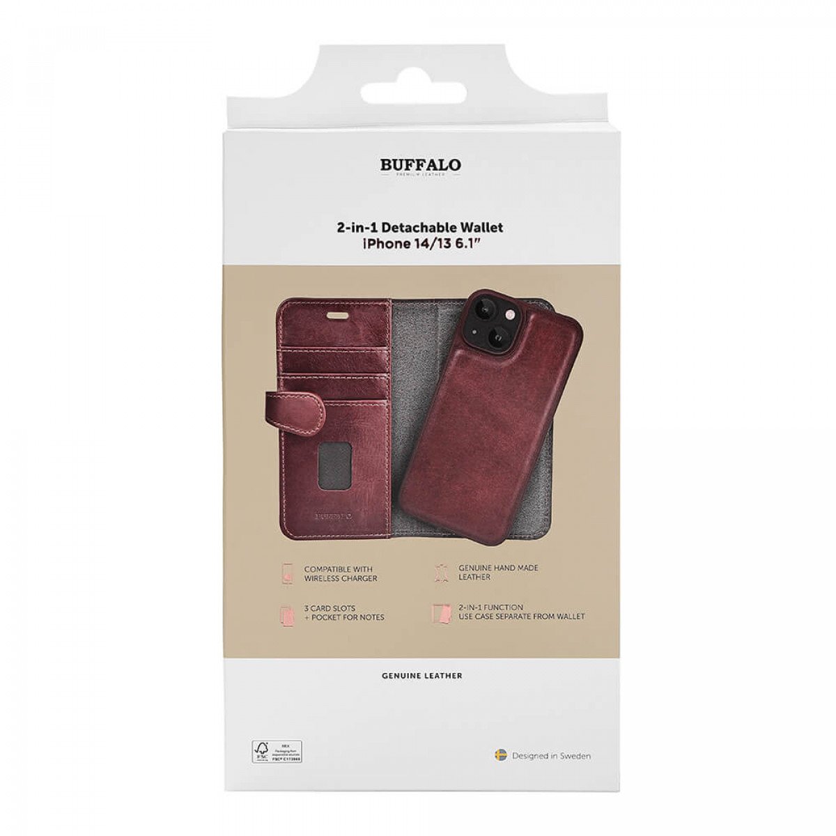 Brieftas-Hülle für iPhone, bordeauxrotes Leder, mit Kartenfächern und separater Hülle. Weiße Box, Text, Grafik.
