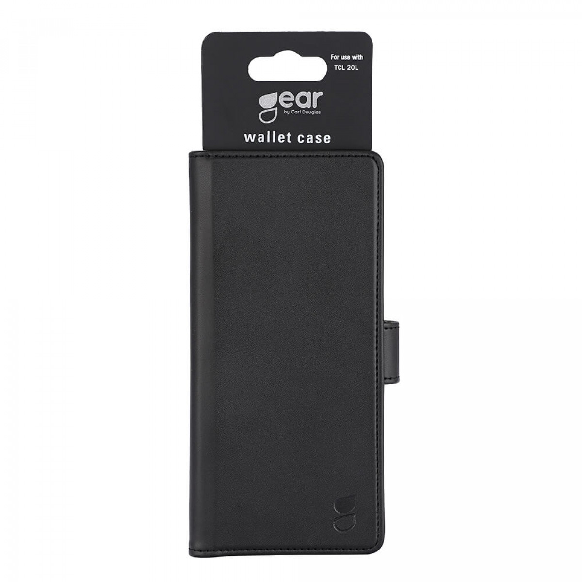 Schwarzes Wallet Case für ein TCL 20L Telefon. Das Case ist auf weißem Hintergrund geschlossen.