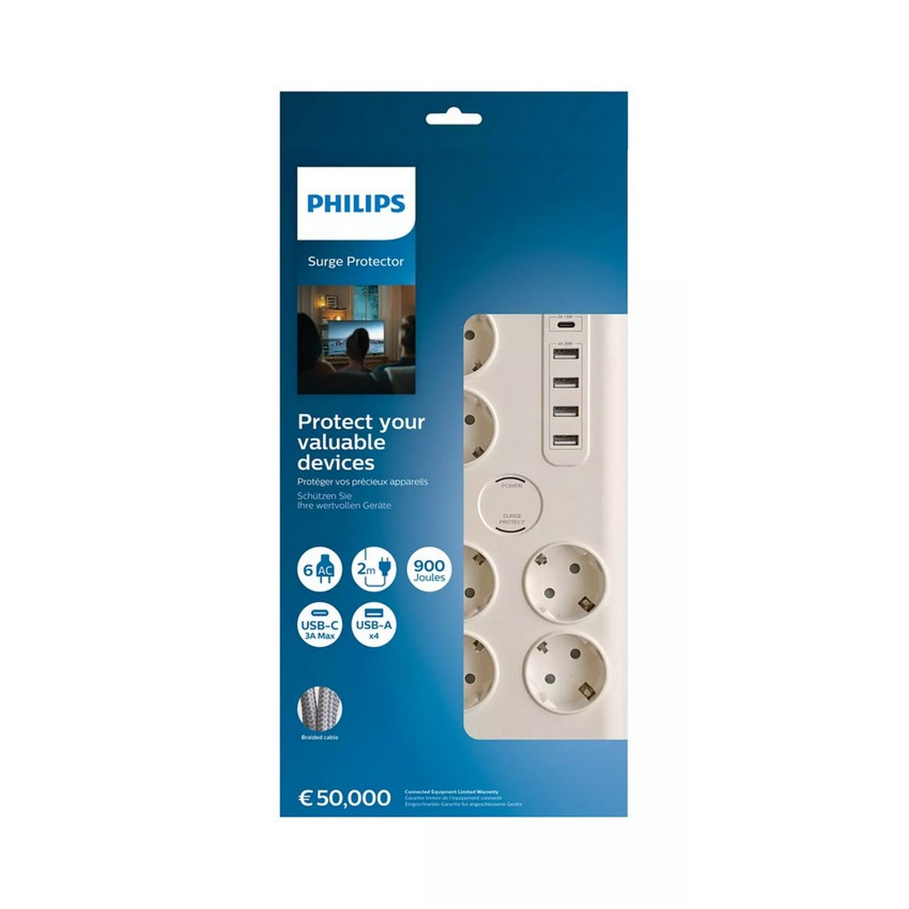 Protezione da sovratensione Philips bianca. Ha sei prese e porte USB. La confezione mostra una scena di interni.