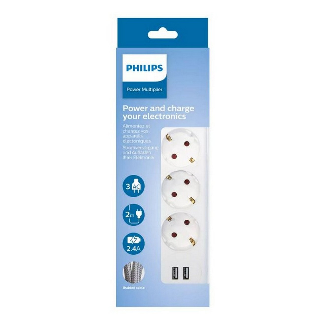 Regleta Philips, blanca con tres enchufes, dos puertos USB y cable trenzado.