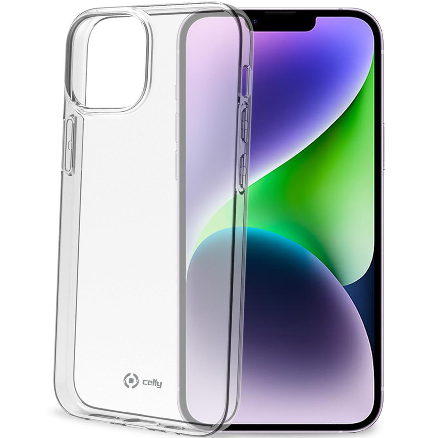 Custodia trasparente per telefono su sfondo bianco, con un telefono all'interno.