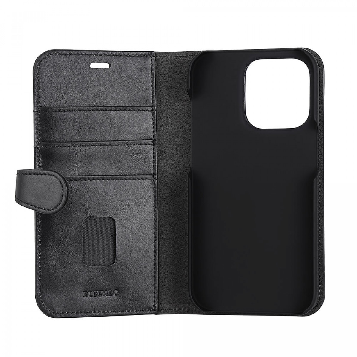 Schwarze Leder-Handyhülle, offen, mit Kartenfächern und Handyhalter. Markenname 'BUFFALO' sichtbar.