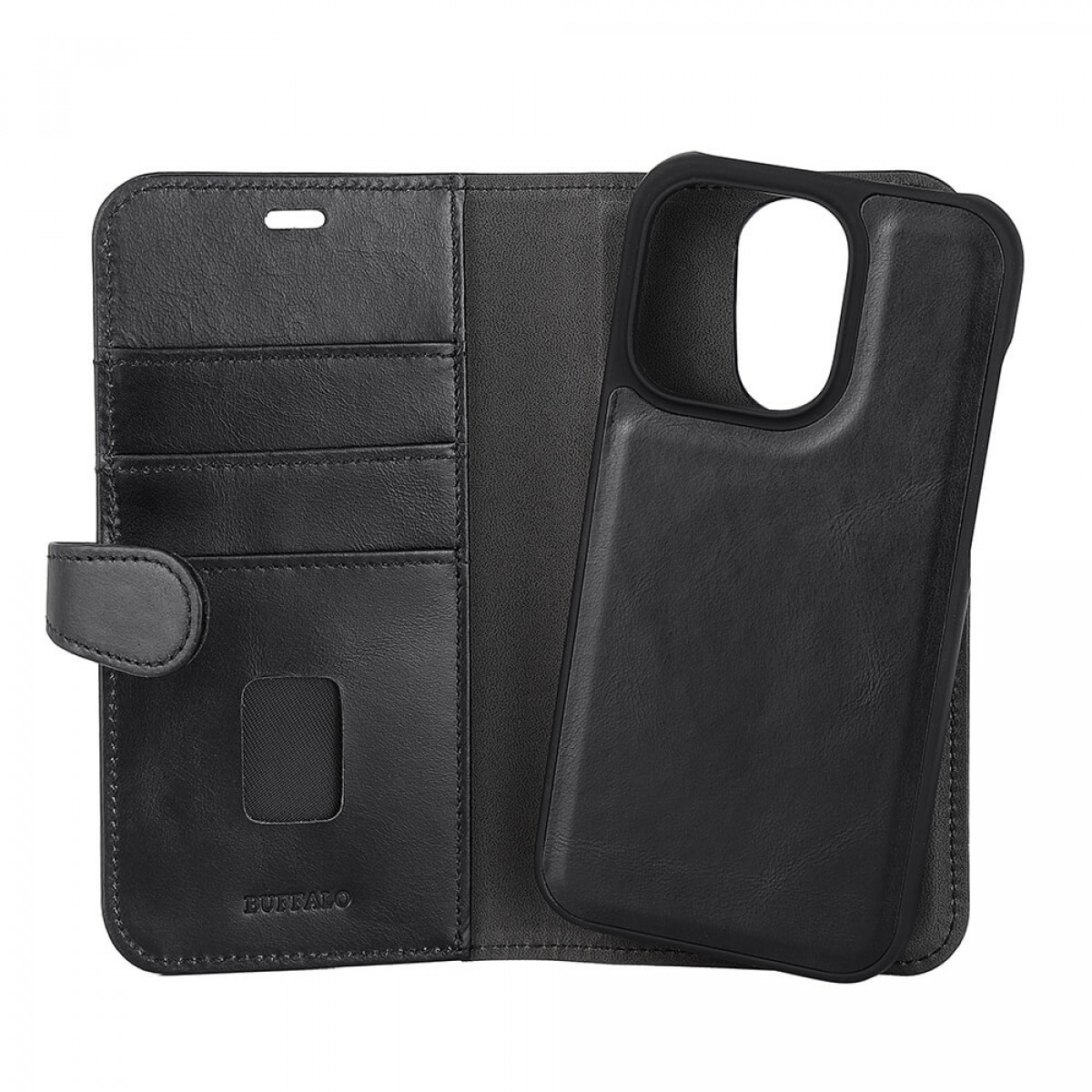 Schwarze Leder-Handy-Geldbörsen-Hülle, mit geöffnetem Portemonnaie, das Kartenfächer und den Telefonhalter zeigt.