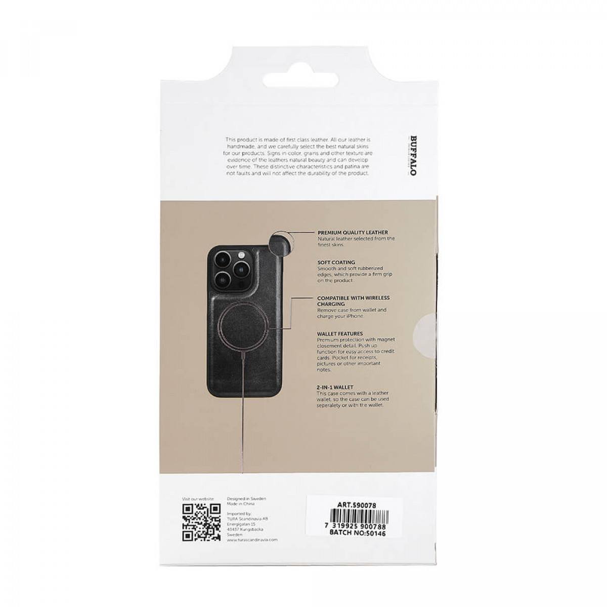 Rückseite einer Handyhüllenverpackung mit Text und einem QR-Code.