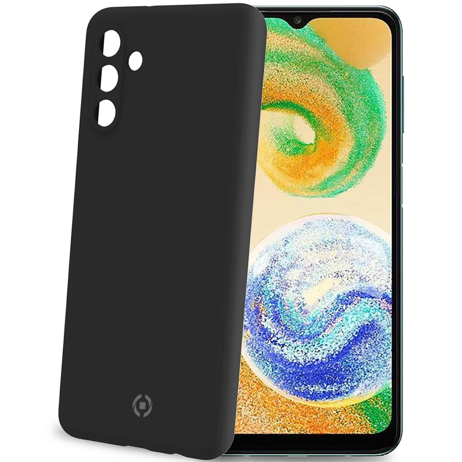 Custodia nera per telefono con un telefono che mostra arte astratta.