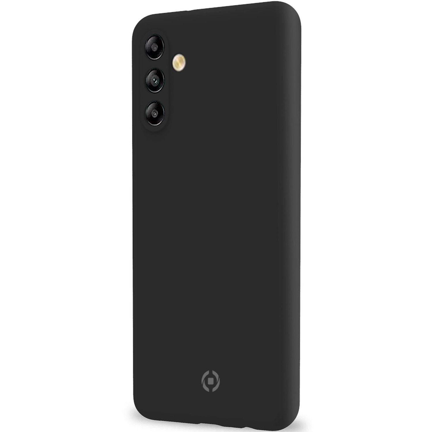 Una custodia per telefono nera con tre fotocamere e un logo in basso.