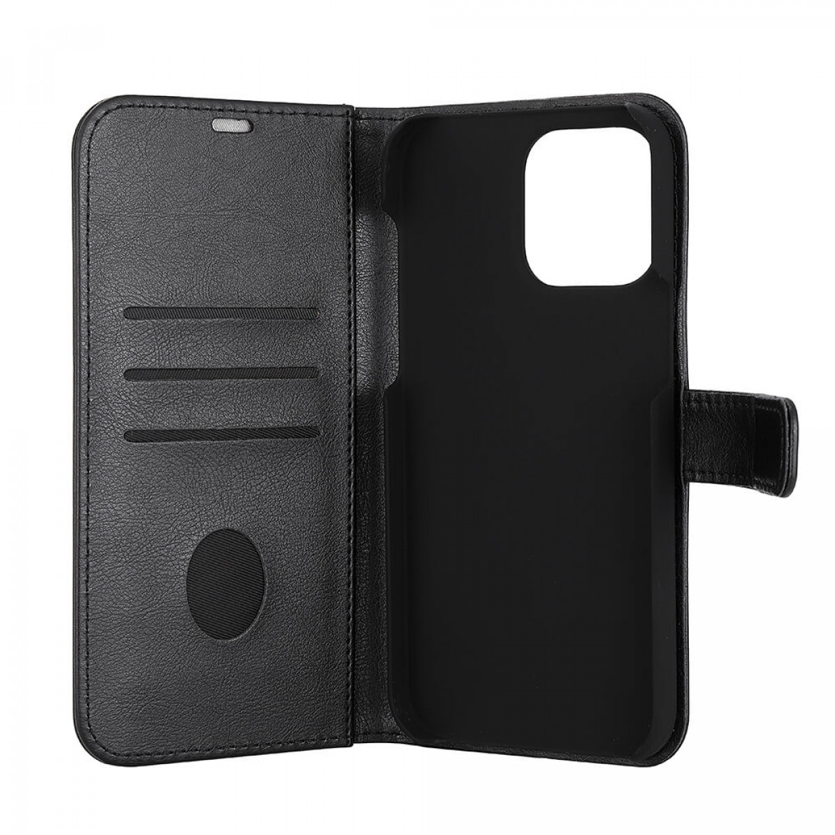 Schwarzes Brieftaschen-Etui für Telefone, offen und leer, mit Kartenfächern und einem kleinen kreisförmigen Loch.