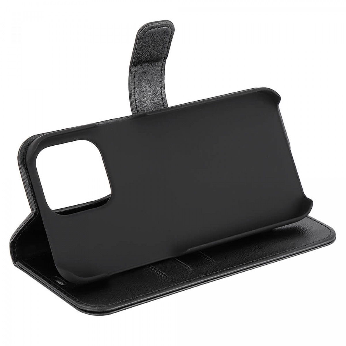 Eine schwarze Handyhülle geöffnet, die Innenseite und die Rückseite eines Telefonschlitzes zeigend.