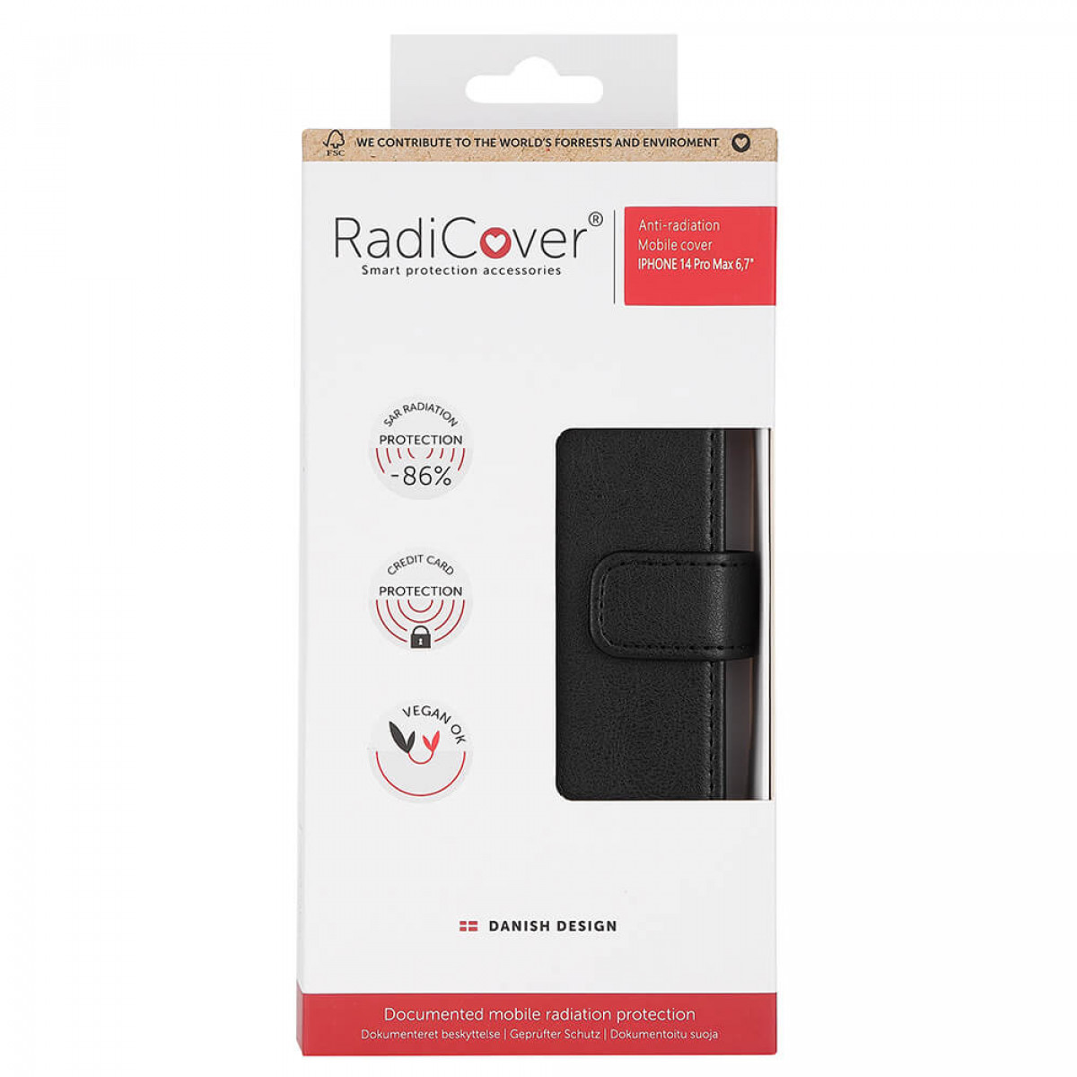 Schwarze Handyhüllenverpackung, Marke Radicover, mit Strahlenschutzsymbolen und Produktdetails. Weißer Hintergrund.