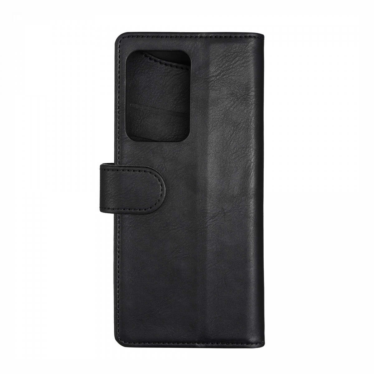 Schwarze Leder-Handyhülle mit Kameraausschnitt und Klappe mit Knopf.