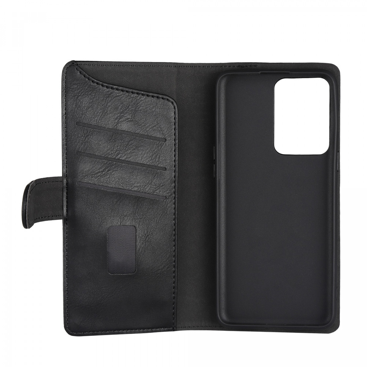 Schwarze Handyhülle im Brieftaschendesign. Geöffnet, mit Kartenfächern und Handyhalter.
