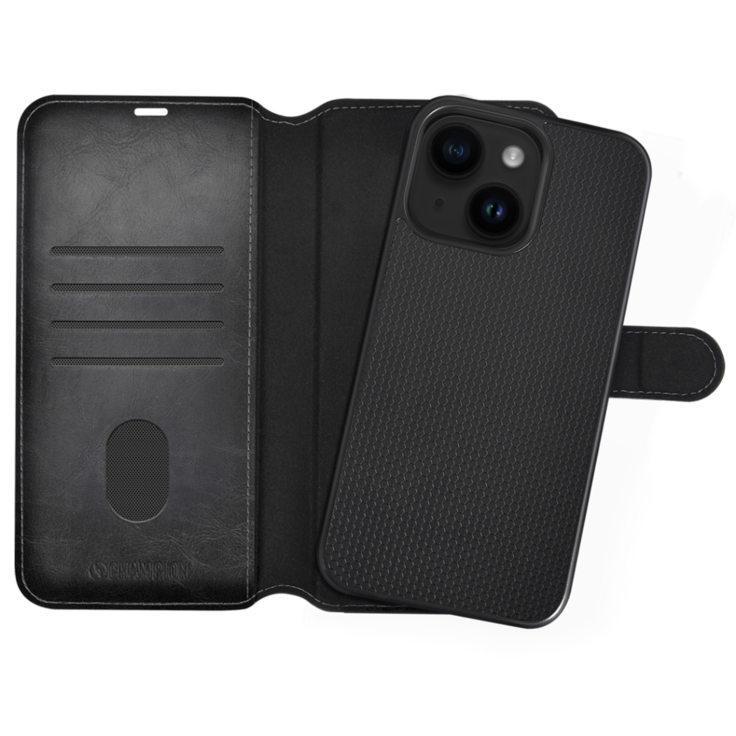 Schwarze Handyhülle mit Telefon. Die Hülle ist geöffnet, zeigt Telefon und Kartenfach.