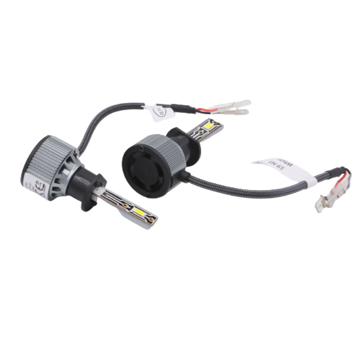Zwei LED-Scheinwerfer mit Drähten und Anschlüssen. Grau-Schwarz-Farbschema. Weißer Hintergrund.