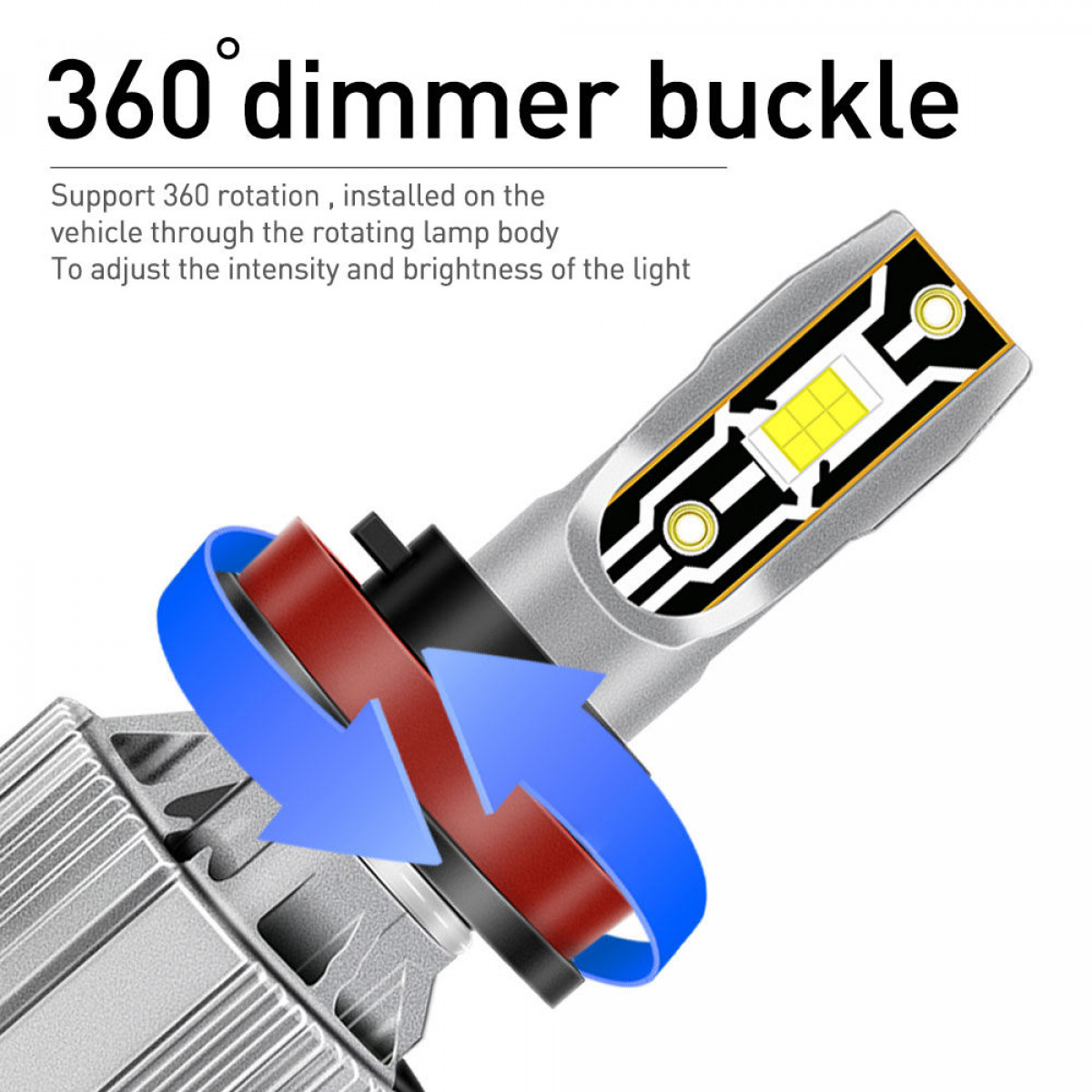 LED-Leuchtkomponente mit Dimmer-Schnalle, zeigt Drehrichtungspfeile und Platine.
