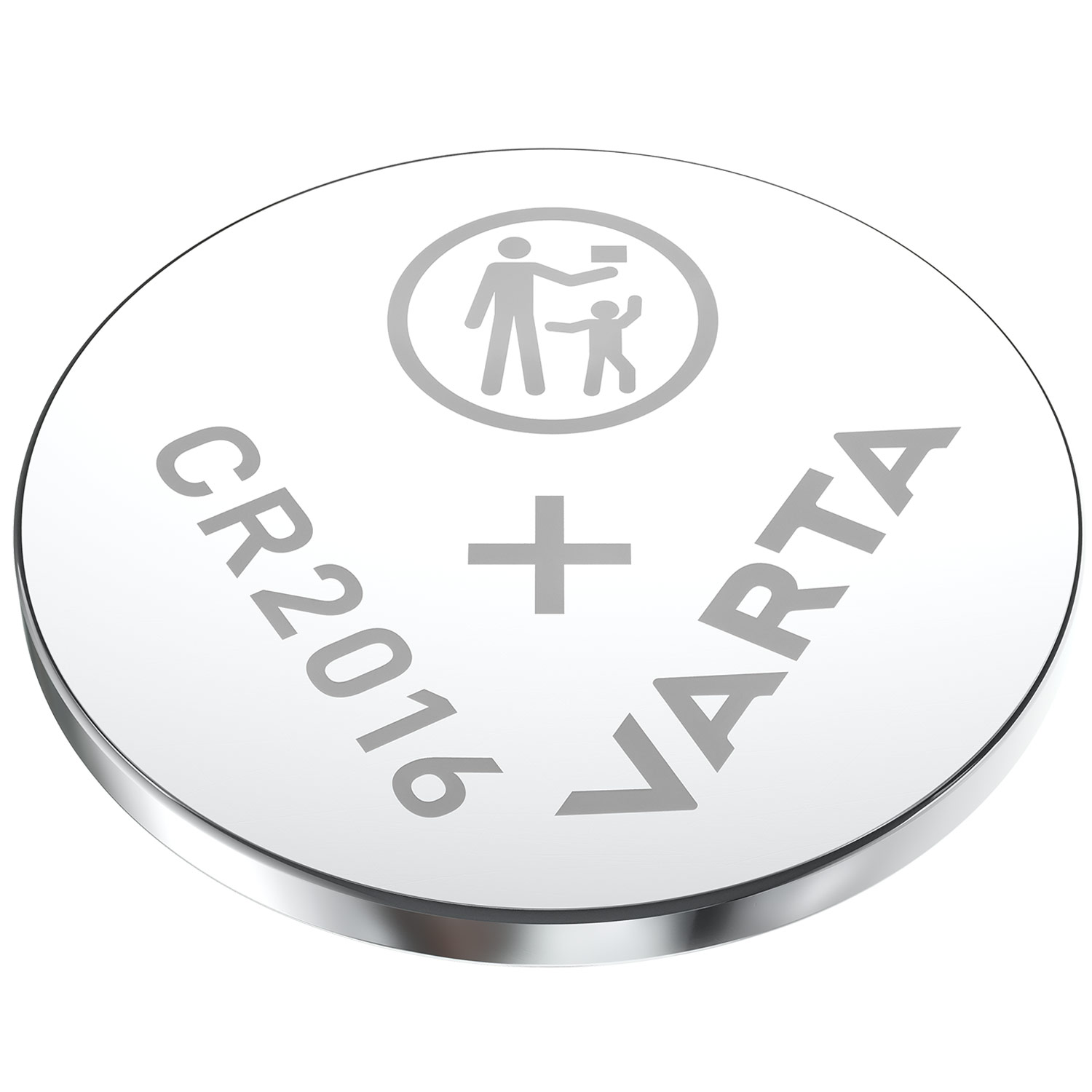 Srebrna bateria CR2016 VARTA. Ma tekst i symbol recyklingu.