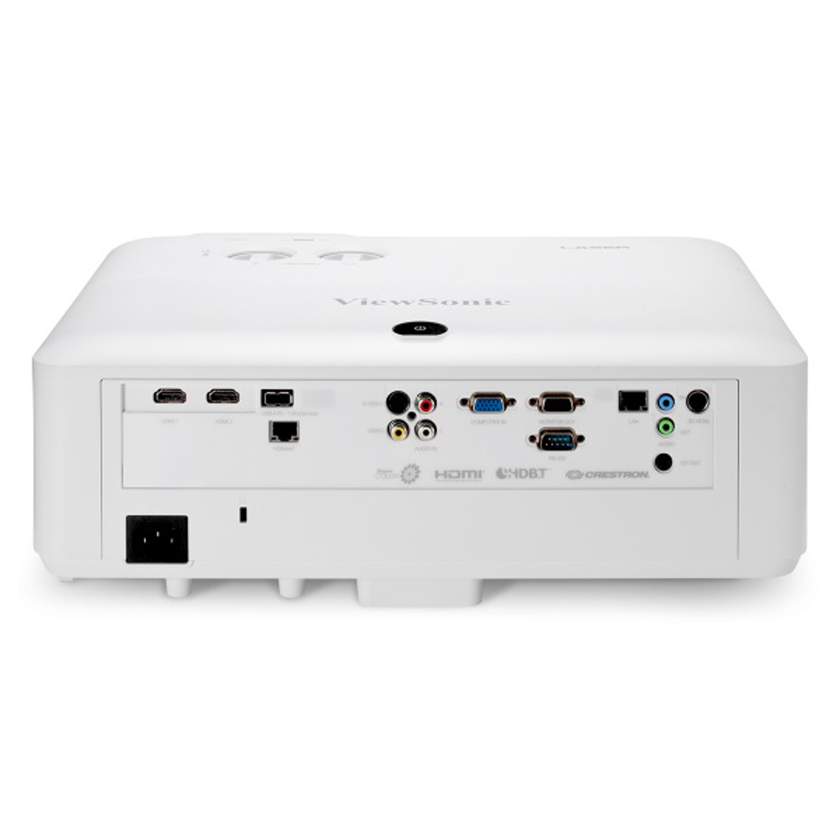 Vista posteriore del proiettore ViewSonic bianco con più porte. HDMI, VGA e ingresso di alimentazione visibili.