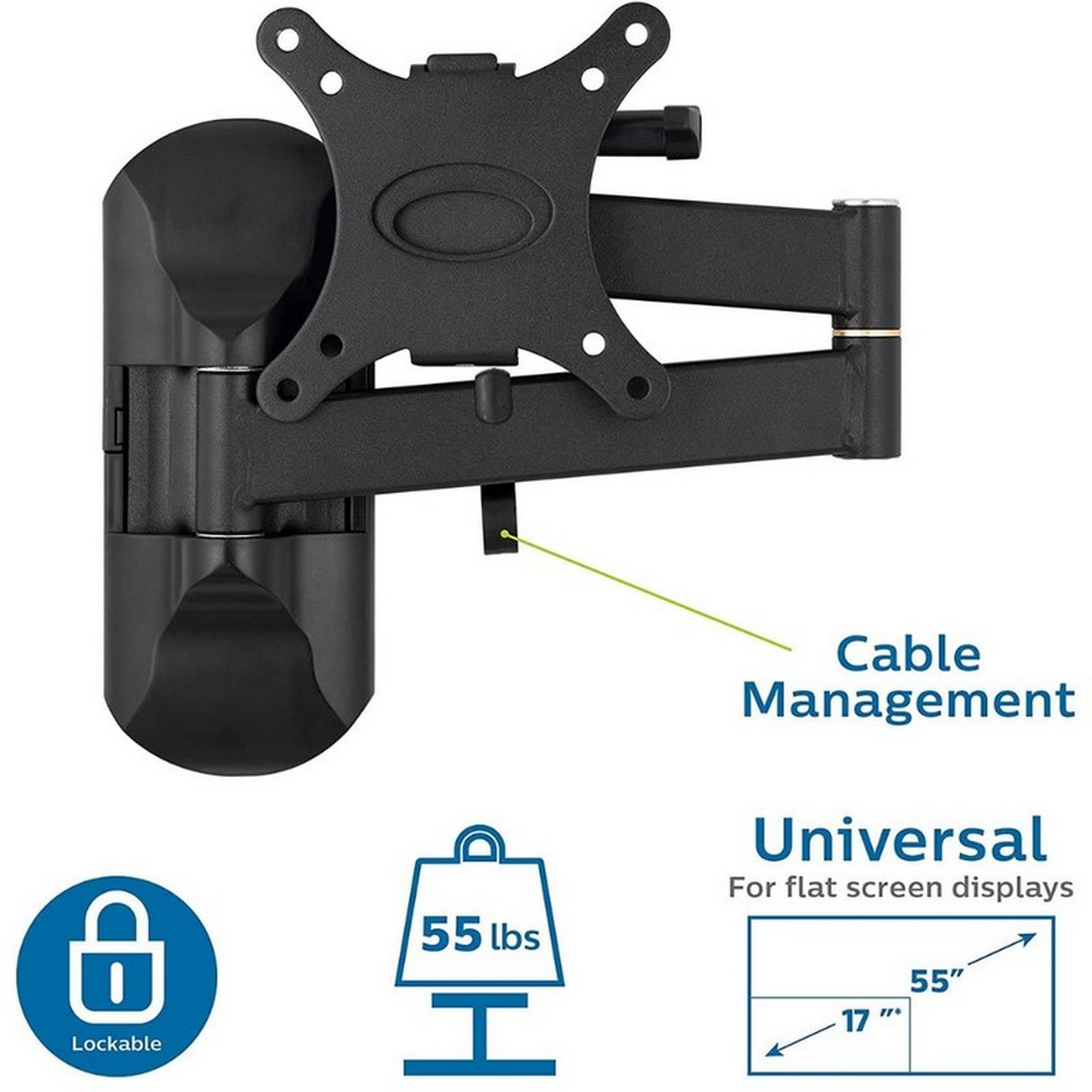 Soporte de monitor negro con gestión de cables, bloqueable, 55 lbs, pantallas de 17-55 pulgadas.