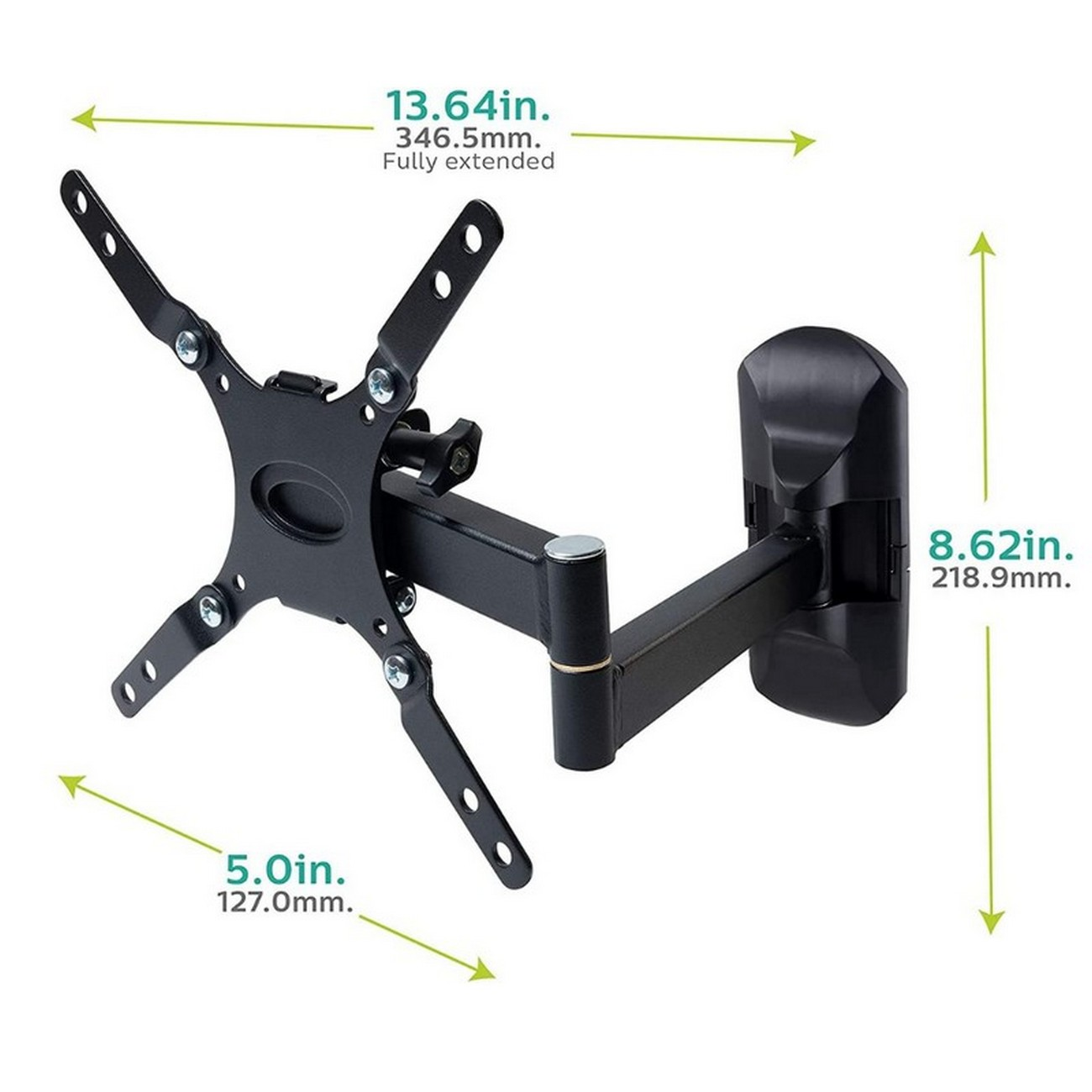 Soporte de pared para TV negro con dimensiones etiquetadas. Montado sobre fondo blanco.