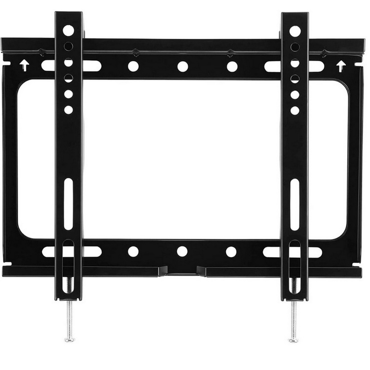 Schwarze TV-Halterung, rechteckig, mit Schrauben. Metallkonstruktion.