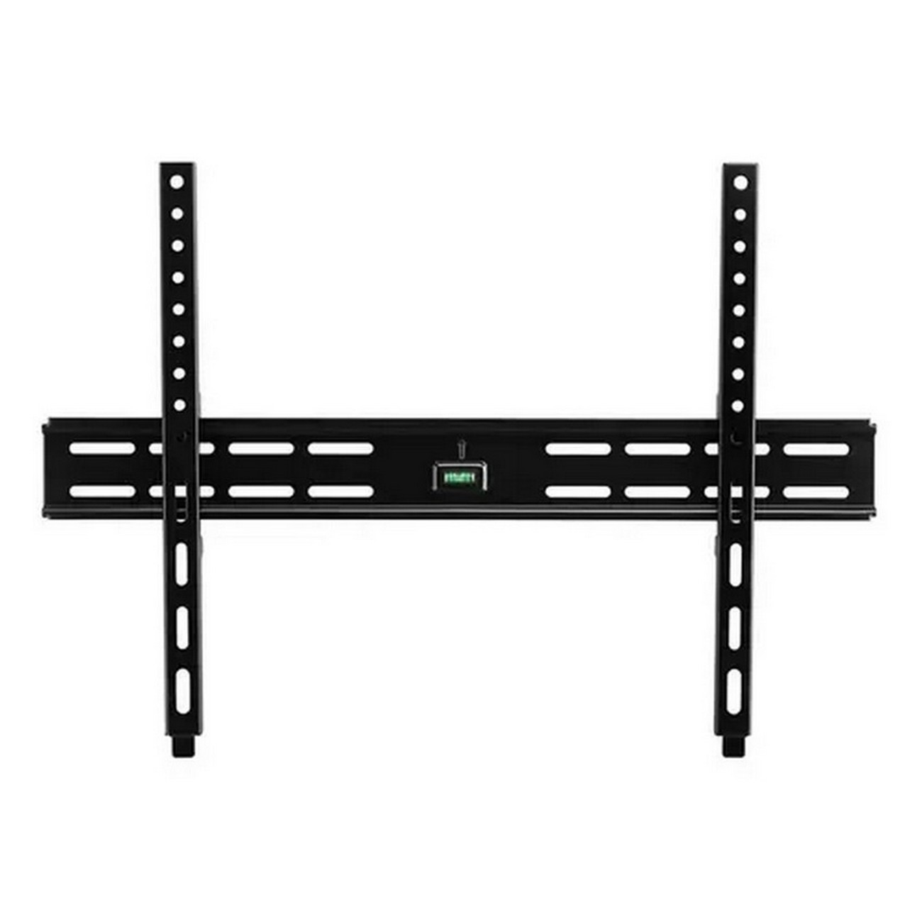 Supporto TV nero per montaggio a parete, con fori di montaggio e indicatore di livello. Sfondo bianco.