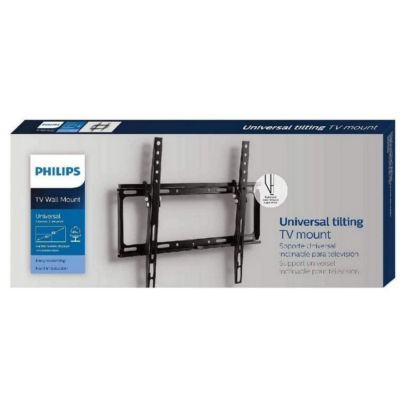 Philips universal tilting TV wall mount. Black metal frame on white background. Box shows product details in multiple languages.