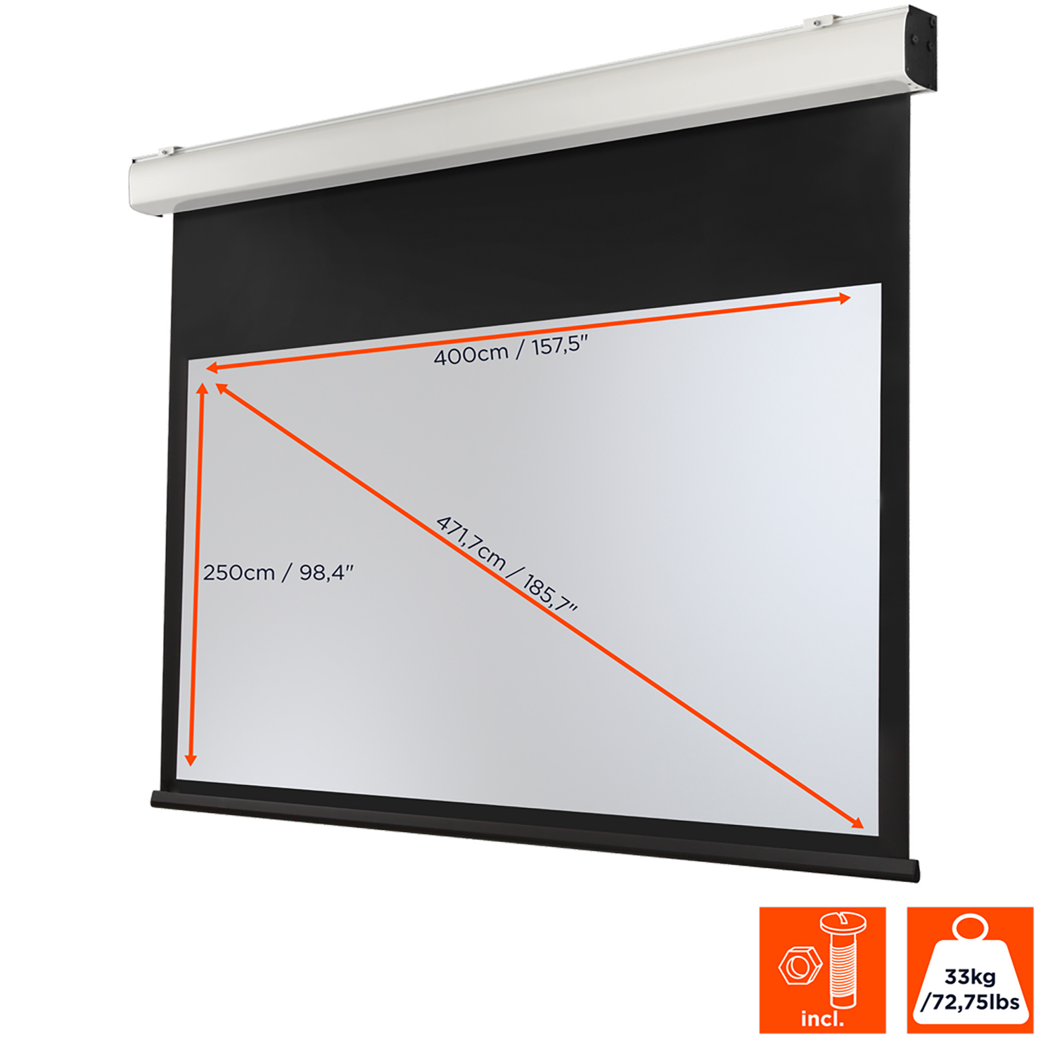 Eine weiße, einziehbare Projektorleinwand hängt, mit Abmessungen und einer Gewichts-/Abmessungsgrafik.