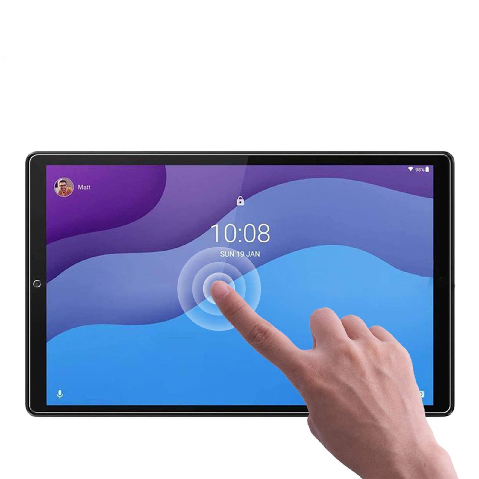 Die Hand einer Person berührt einen Tablet-Bildschirm mit einer blau-violetten Oberfläche.