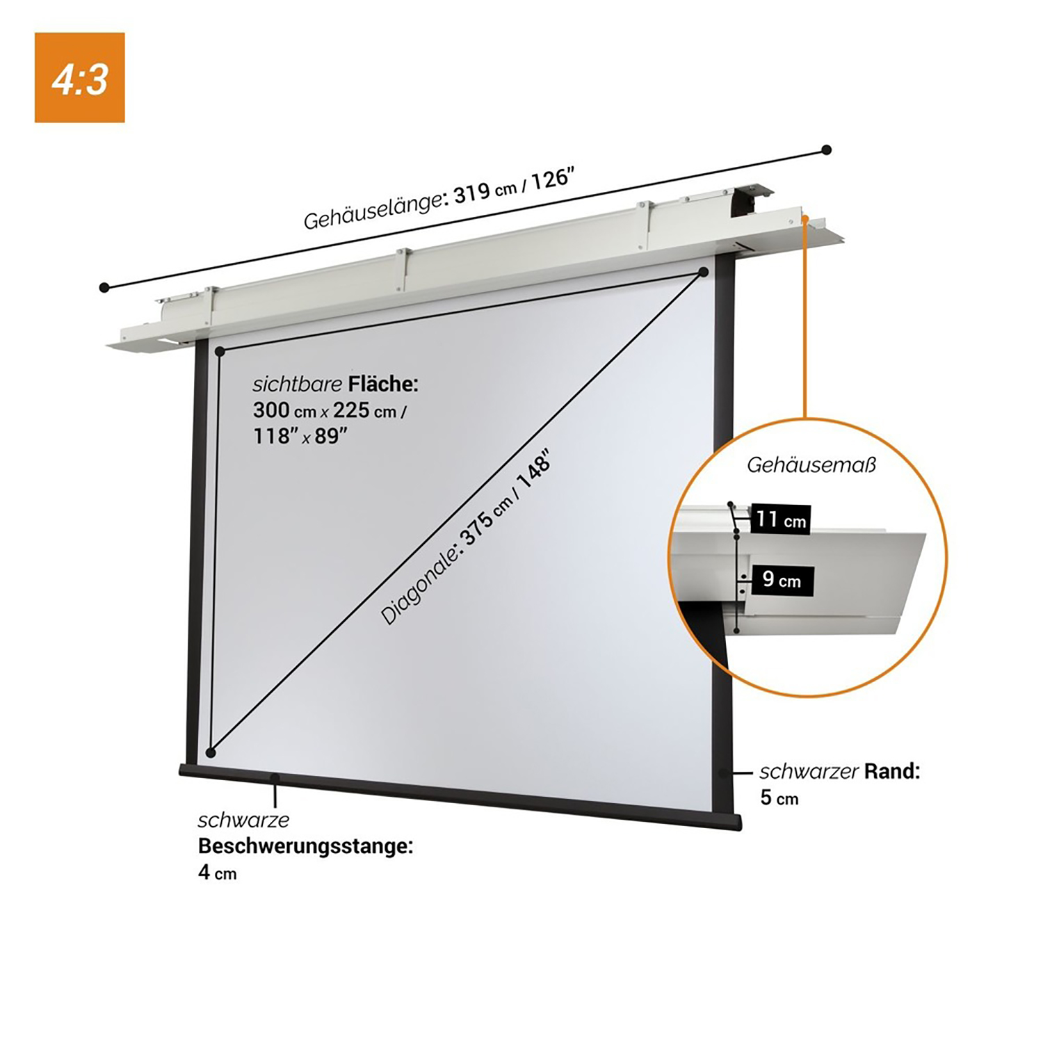 Eine weiße Projektionsleinwand mit Abmessungen. Die Leinwand befindet sich in einem Raum und hat schwarze Ränder und einen Rahmen.