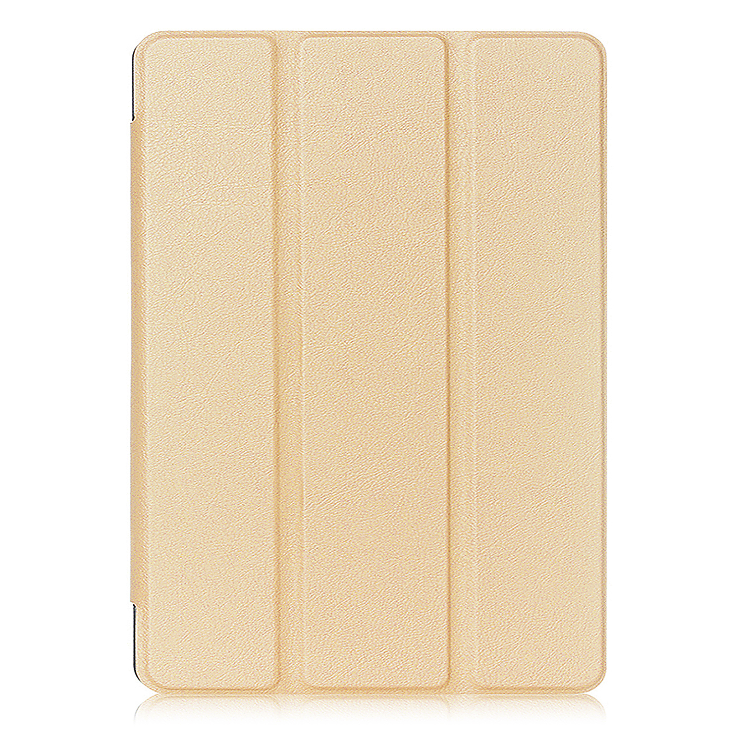 Beige Tablet-Hülle, geschlossen. Zeigt die äußere Textur. Reflektierende Oberfläche darunter.