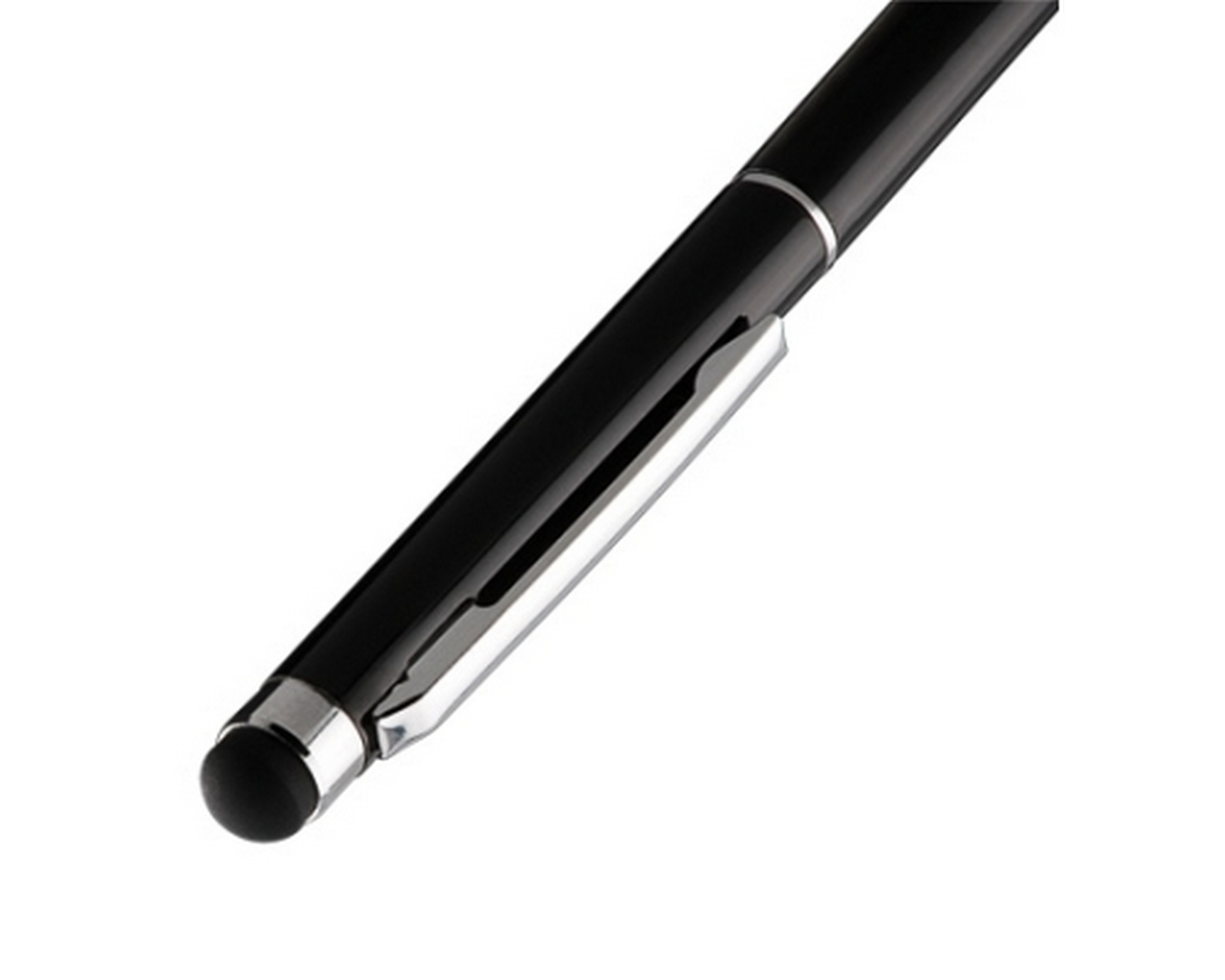 Schwarzer Stift mit silbernem Clip und Touchscreen-Stiftspitze. Weißer Hintergrund.